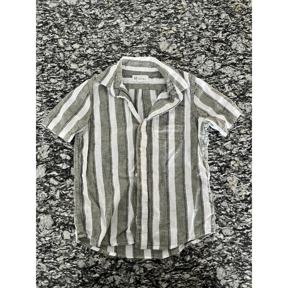 Gap Shirt Kids Small White Green Striped Linen Back Box Relaxed Fit Button Up
